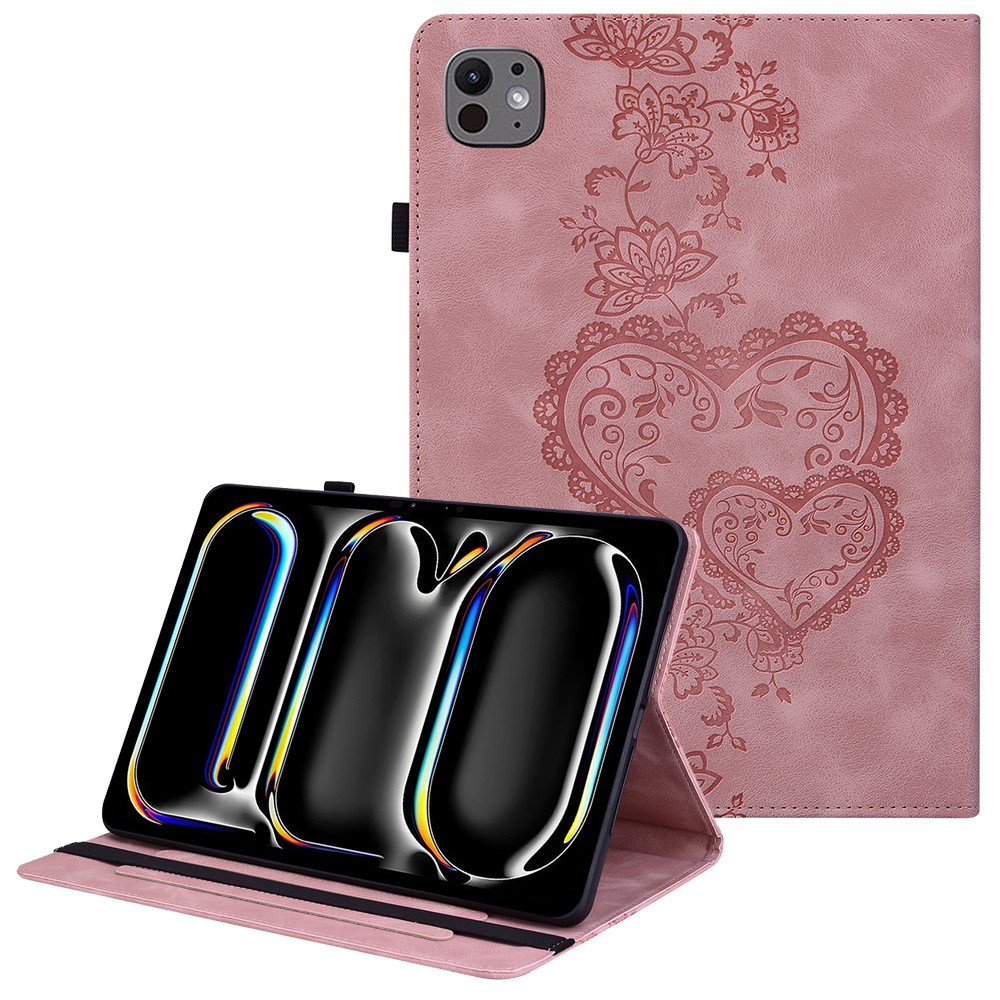 For iPad Pro 11 (2025) / 11 (2024) Leather Case Heart Imprint Foldable Stand Card Slot Stylus Holder Tablet Cover - Pink