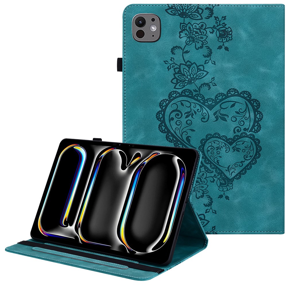 For iPad Pro 11 (2025) / 11 (2024) Leather Case Heart Imprint Foldable Stand Card Slot Stylus Holder Tablet Cover - Green
