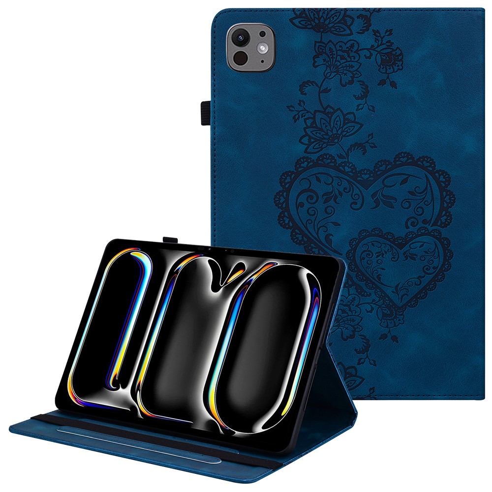For iPad Pro 11 (2025) / 11 (2024) Leather Case Heart Imprint Foldable Stand Card Slot Stylus Holder Tablet Cover - Blue