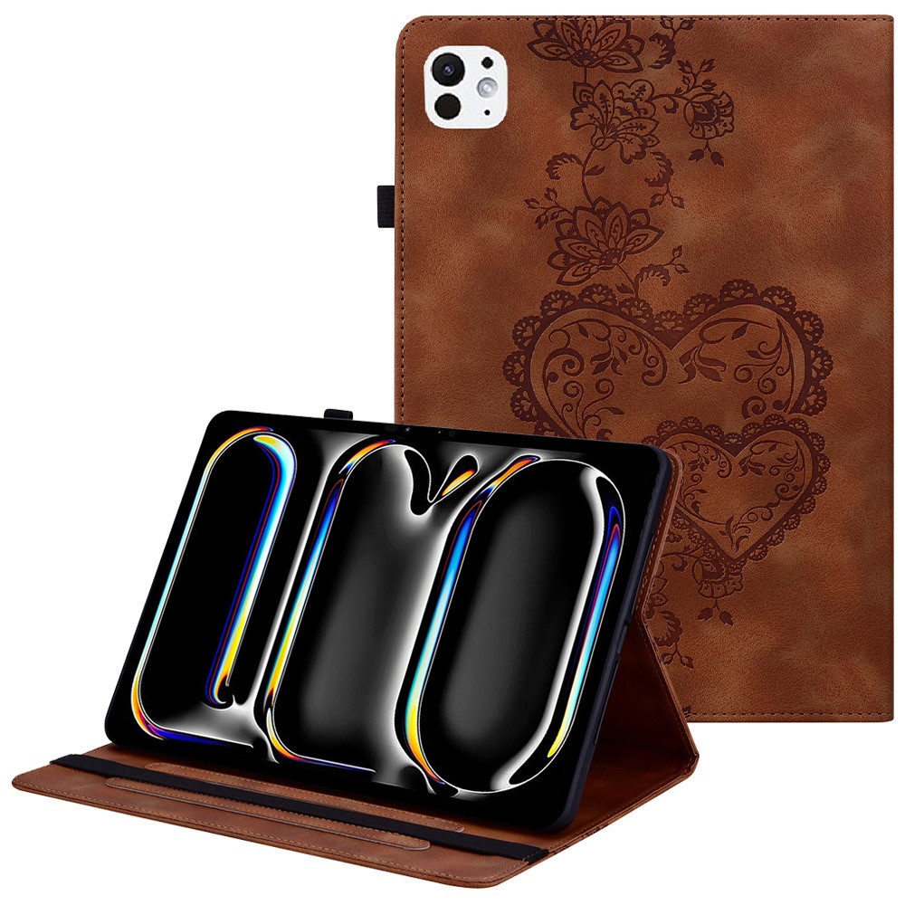 For iPad Pro 13 (2025) / 13 (2024) Leather Case Heart Imprint Foldable Stand Card Slot Stylus Holder Tablet Cover - Brown