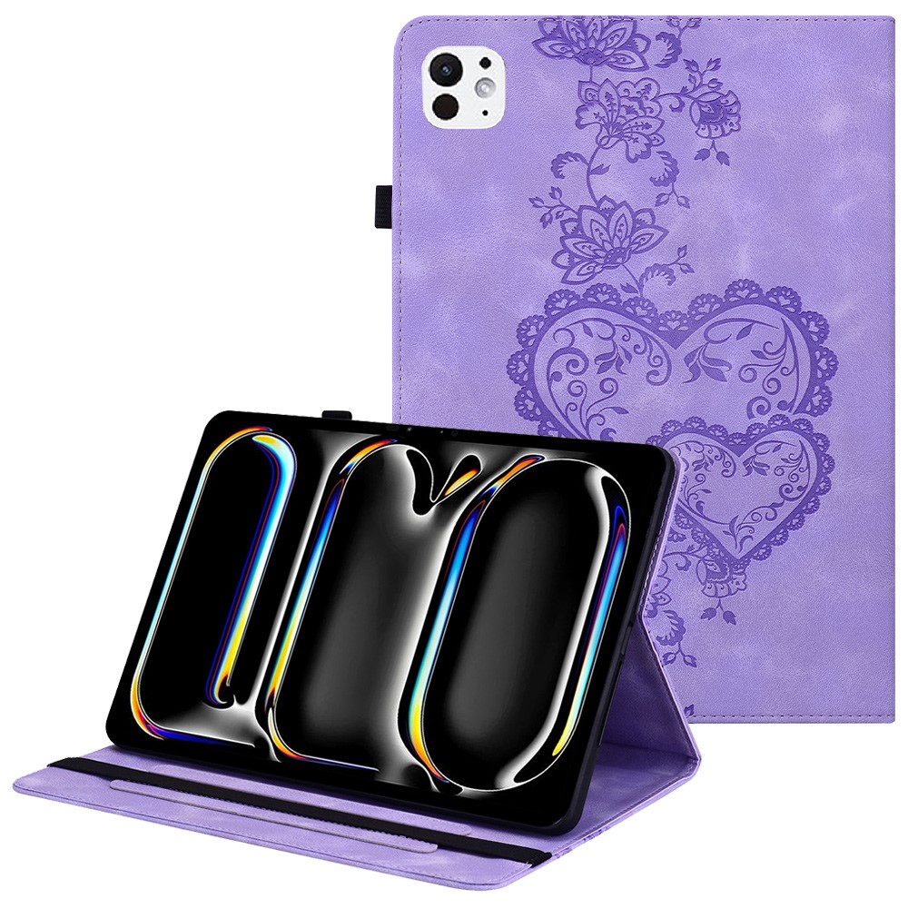 For iPad Pro 13 (2025) / 13 (2024) Leather Case Heart Imprint Foldable Stand Card Slot Stylus Holder Tablet Cover - Purple