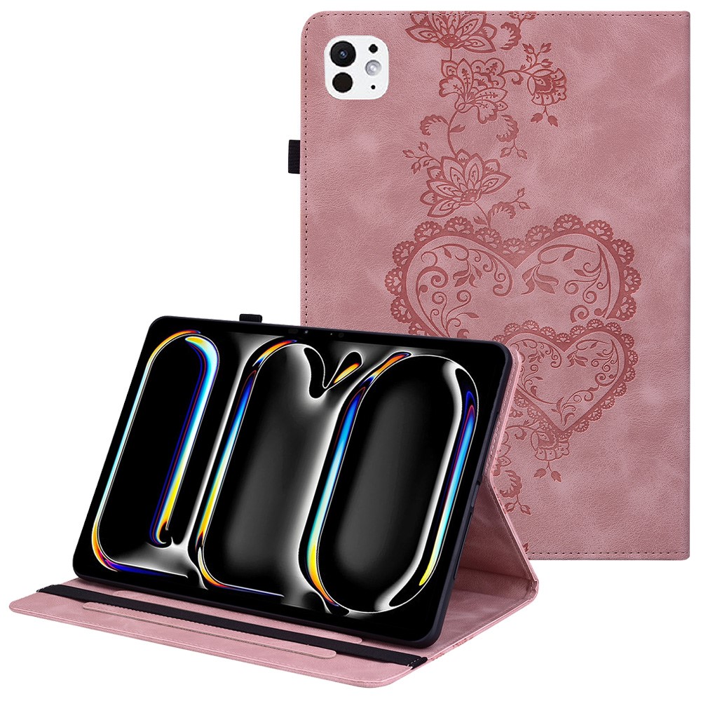For iPad Pro 13 (2025) / 13 (2024) Leather Case Heart Imprint Foldable Stand Card Slot Stylus Holder Tablet Cover - Pink