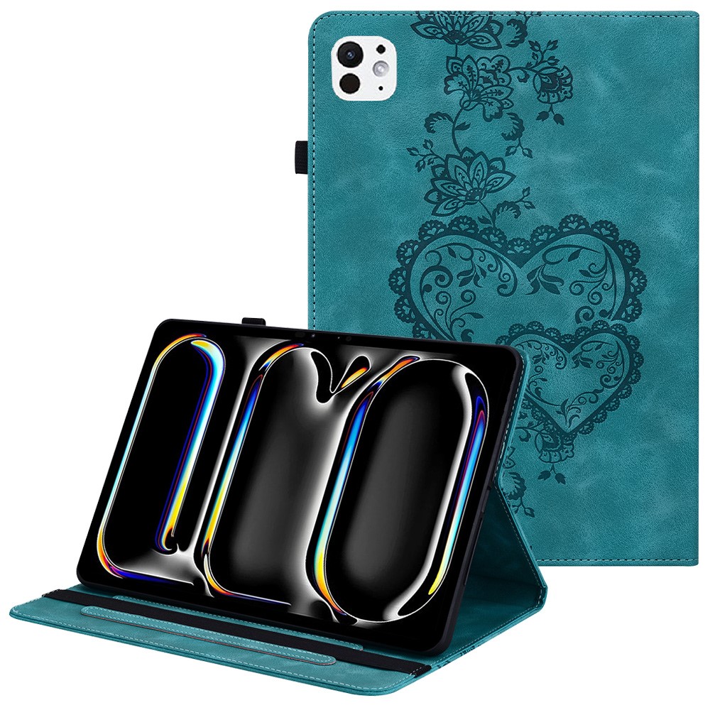 For iPad Pro 13 (2025) / 13 (2024) Leather Case Heart Imprint Foldable Stand Card Slot Stylus Holder Tablet Cover - Green
