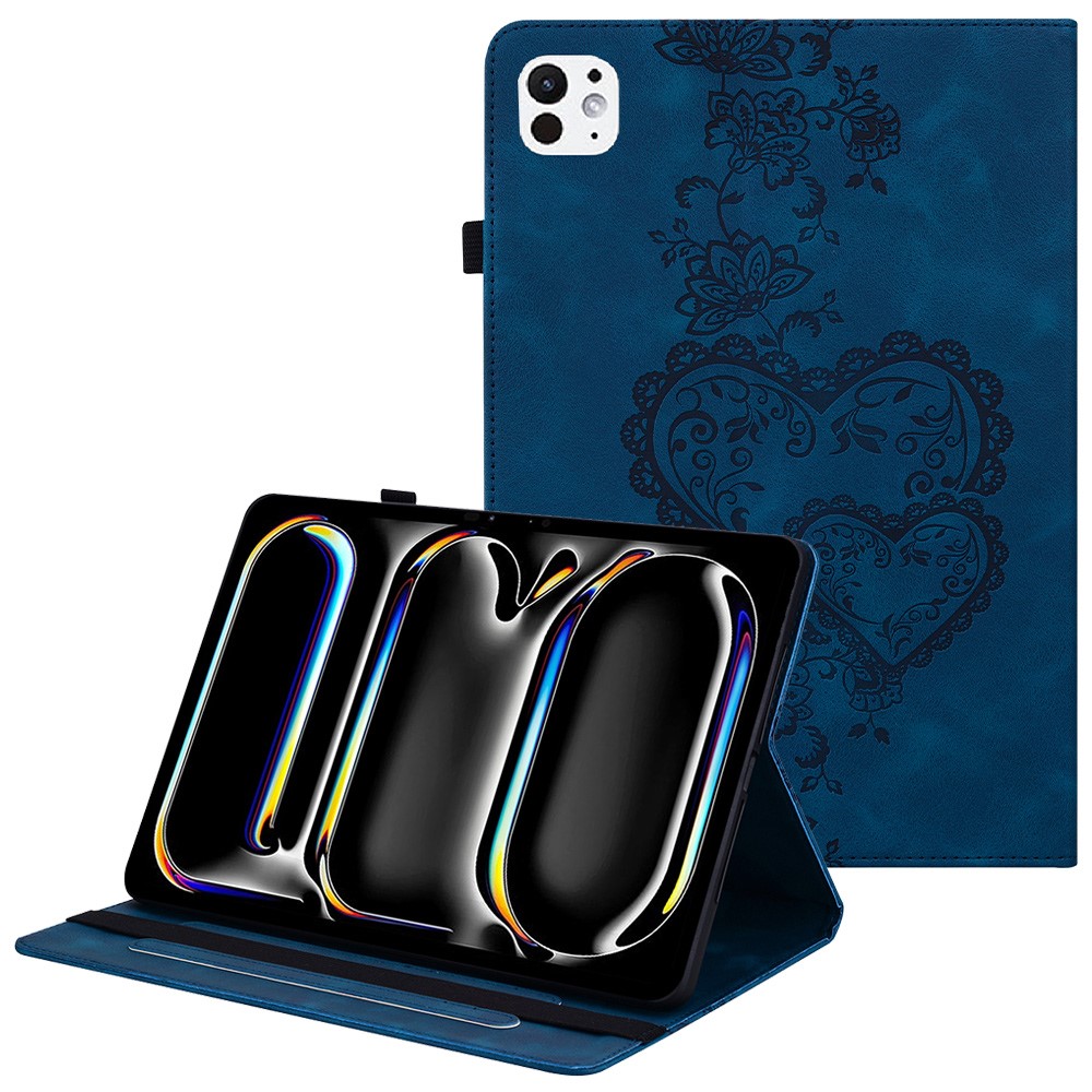 For iPad Pro 13 (2025) / 13 (2024) Leather Case Heart Imprint Foldable Stand Card Slot Stylus Holder Tablet Cover - Blue