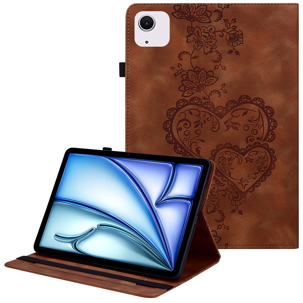 For iPad Air 11 (2025)  /  (2024) Leather Case Heart Imprint Foldable Stand Card Slot Stylus Holder Tablet Cover - Brown