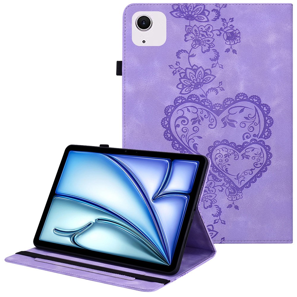 For iPad Air 11 (2025)  /  (2024) Leather Case Heart Imprint Foldable Stand Card Slot Stylus Holder Tablet Cover - Purple