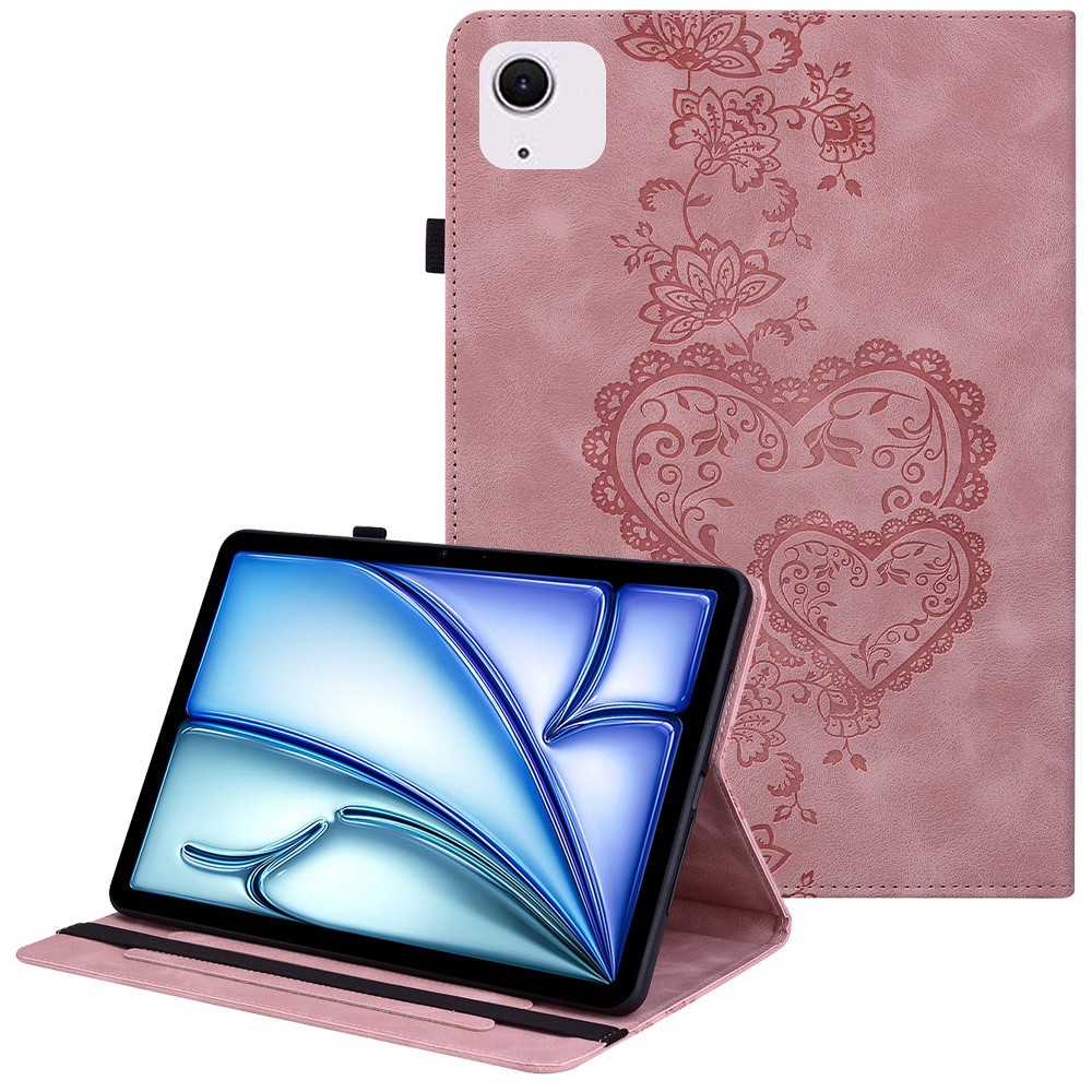 For iPad Air 11 (2025)  /  (2024) Leather Case Heart Imprint Foldable Stand Card Slot Stylus Holder Tablet Cover - Pink