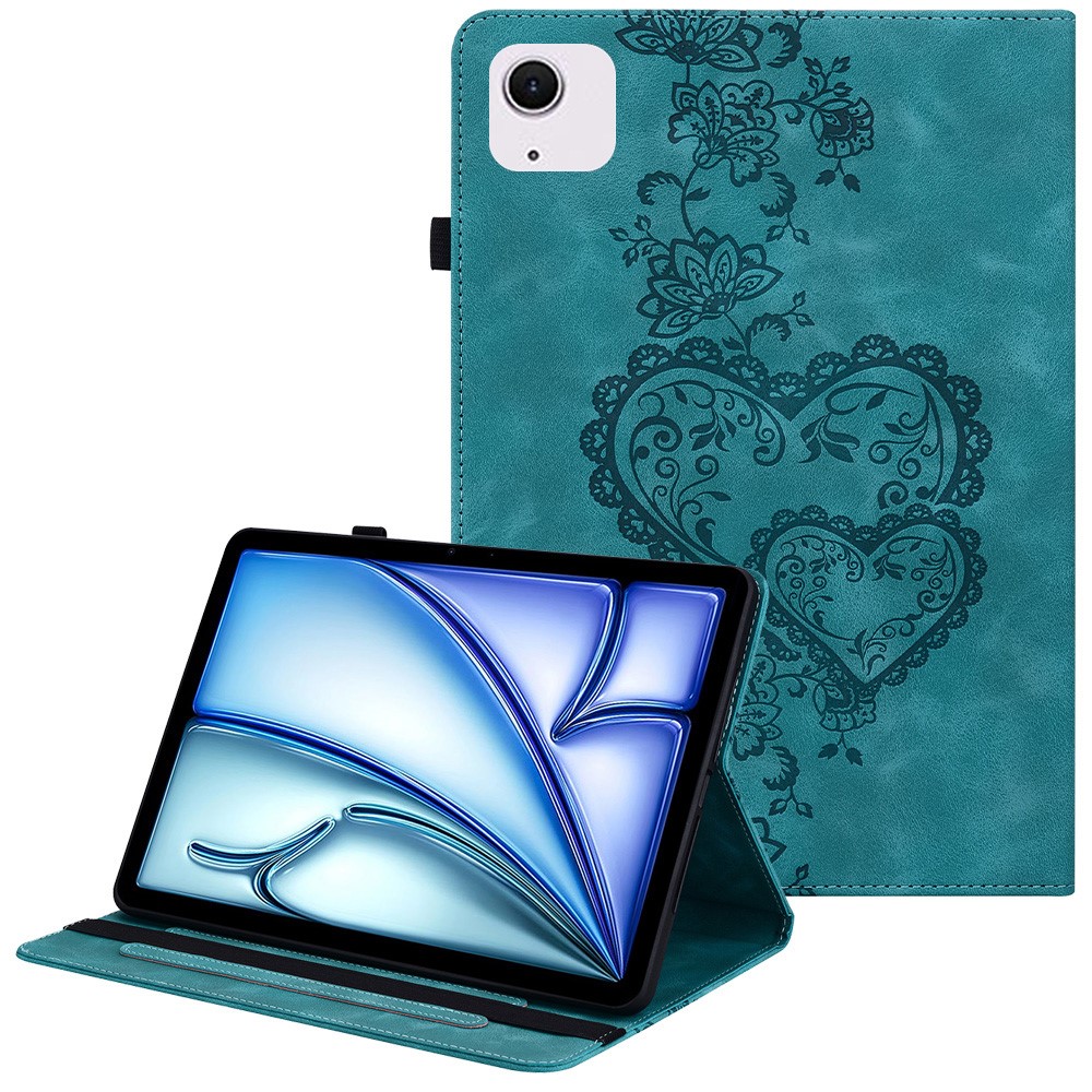 For iPad Air 11 (2025)  /  (2024) Leather Case Heart Imprint Foldable Stand Card Slot Stylus Holder Tablet Cover - Green