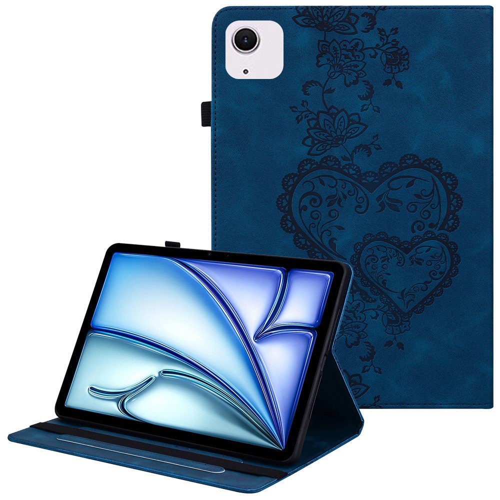 For iPad Air 11 (2025)  /  (2024) Leather Case Heart Imprint Foldable Stand Card Slot Stylus Holder Tablet Cover - Blue