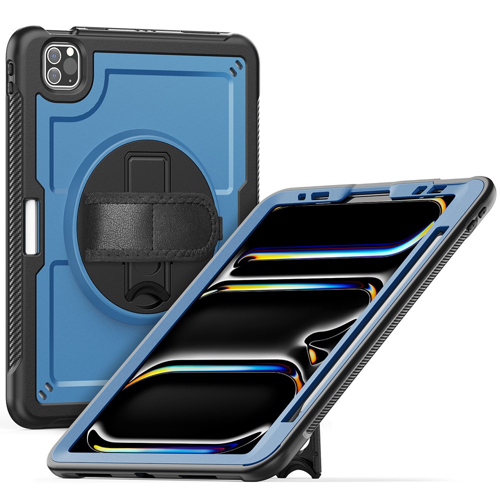 For iPad Pro 11 (2025) / 11 (2024) Case Kickstand PC TPE Tablet Cover with Hand Strap - Navy Blue