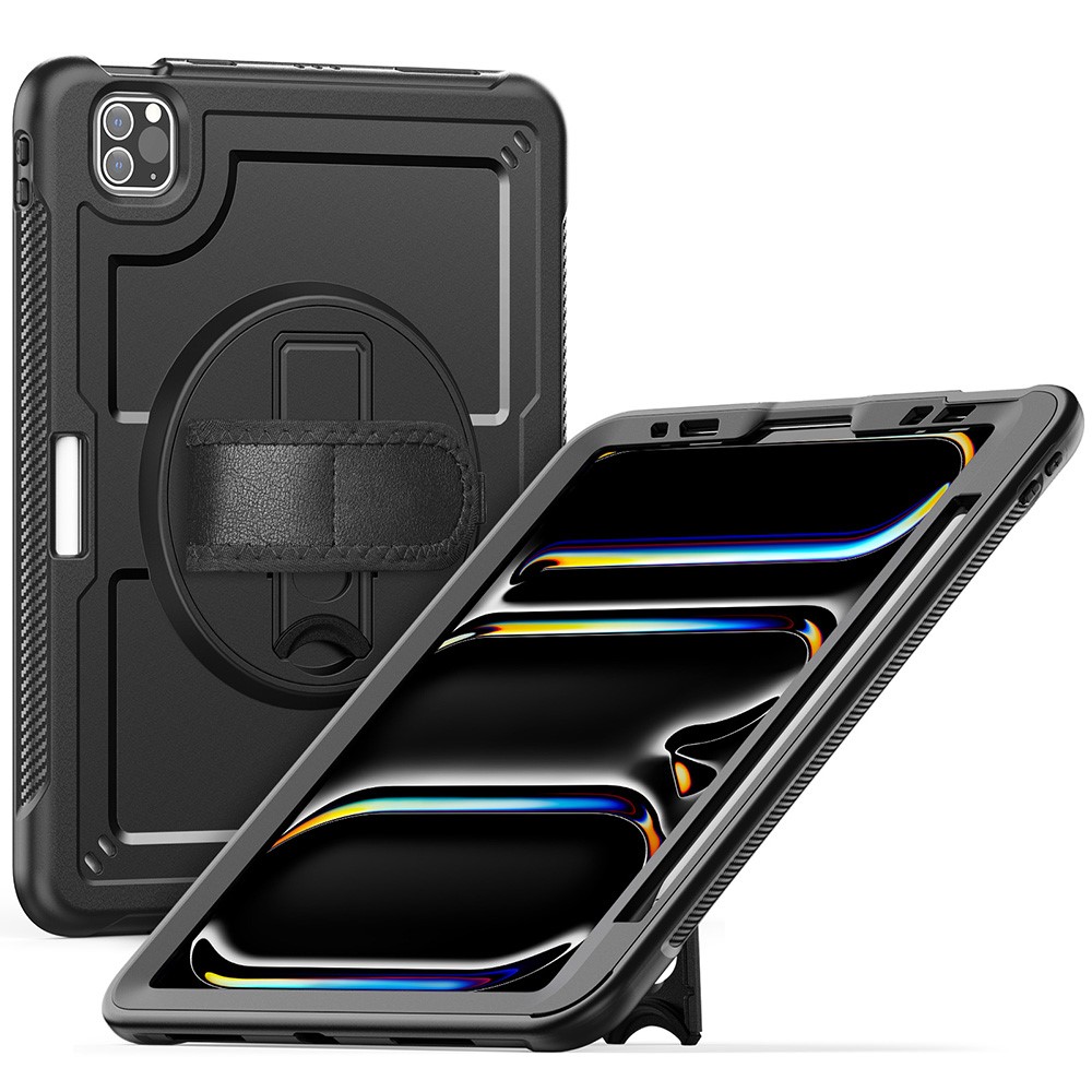 For iPad Pro 11 (2025) / 11 (2024) Case Kickstand PC TPE Tablet Cover with Hand Strap - Black