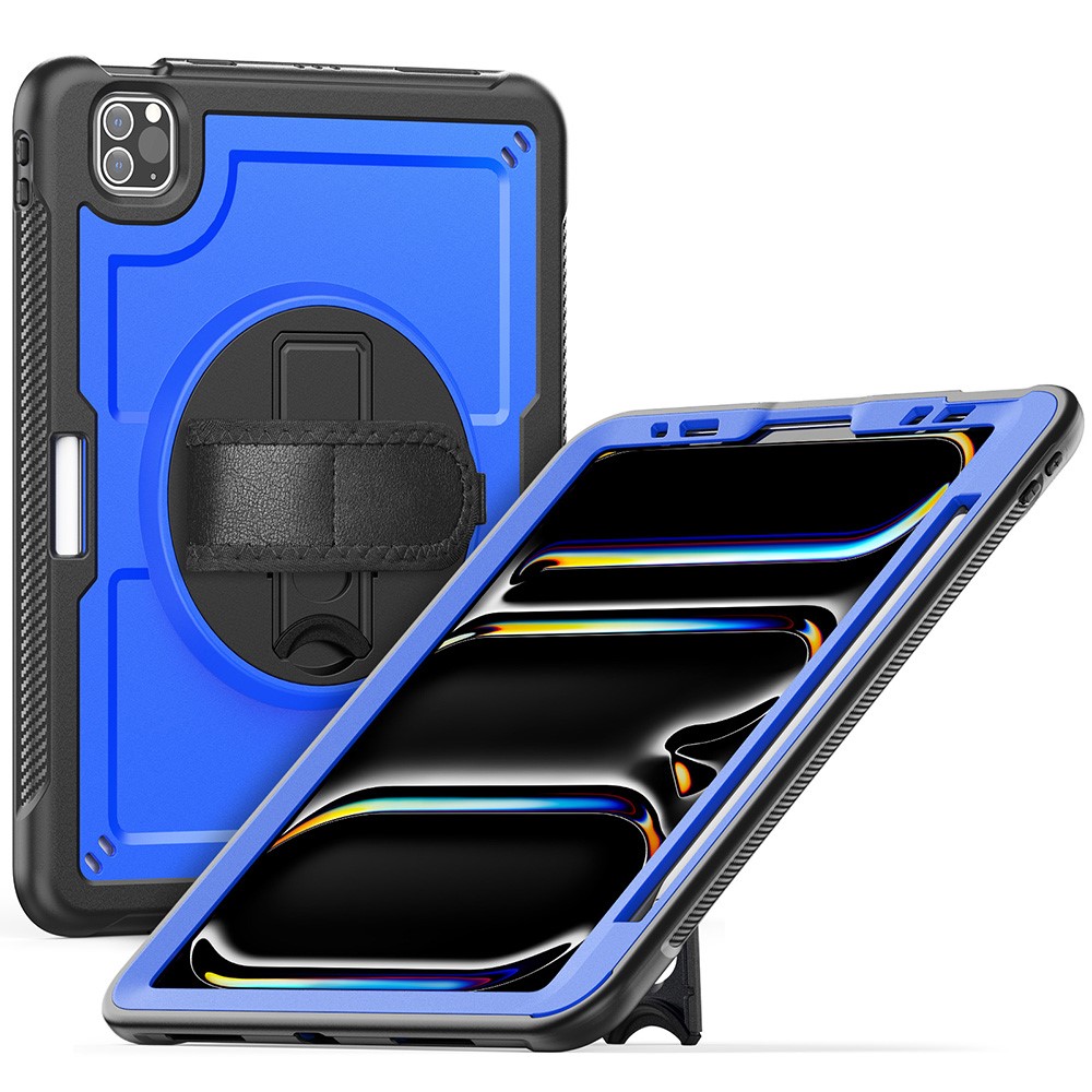 For iPad Pro 11 (2025) / 11 (2024) Case Kickstand PC TPE Tablet Cover with Hand Strap - Dark Blue