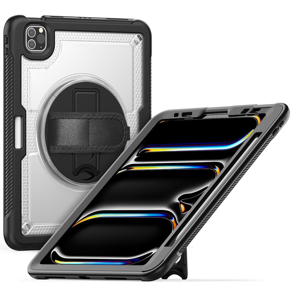 For iPad Pro 11 (2025) / 11 (2024) Case Kickstand PC TPE Tablet Cover with Hand Strap - Transparent