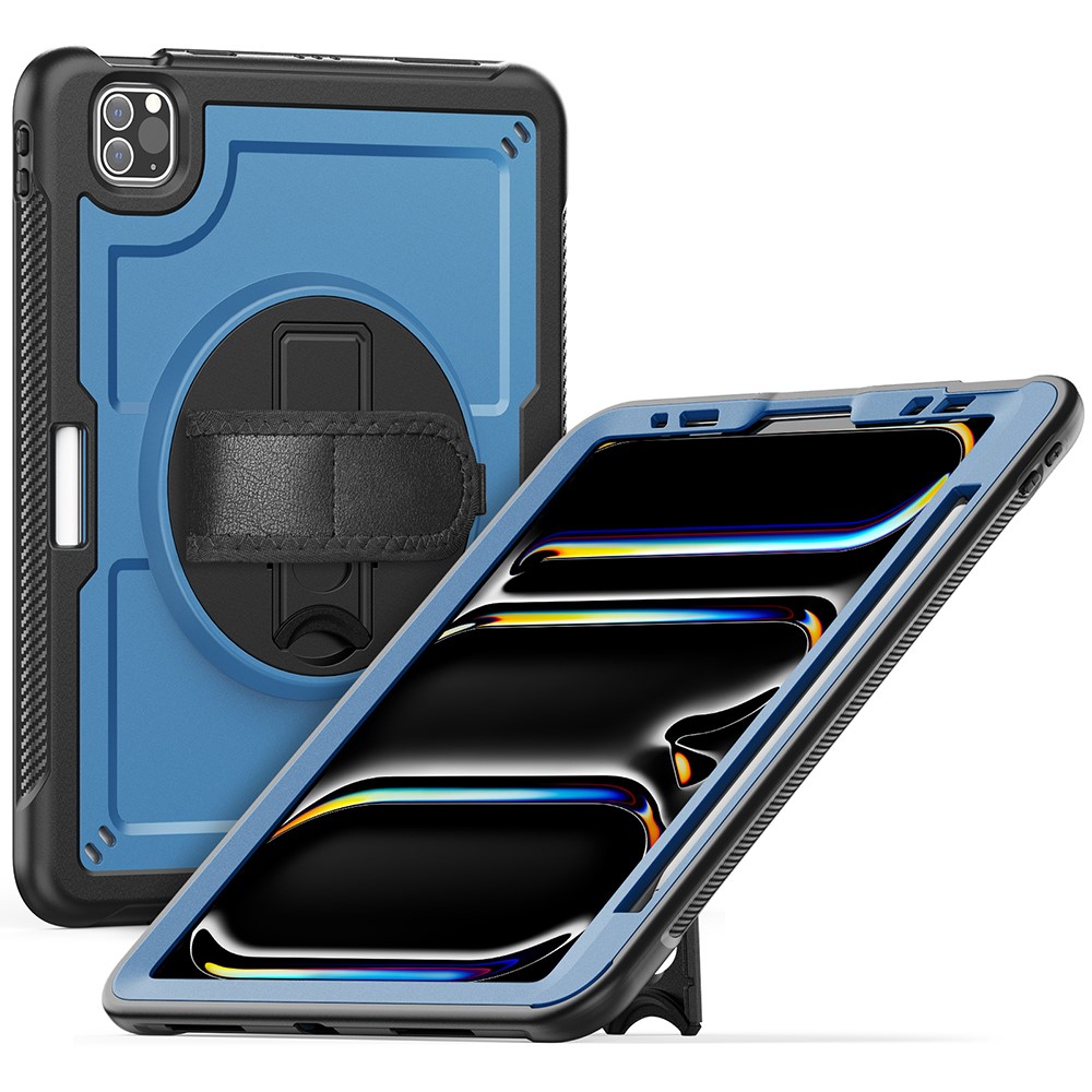 For iPad Pro 11 (2025) / 11 (2024) Case Kickstand PC + TPE Tablet Cover with Hand Strap and Shoulder Strap - Navy Blue