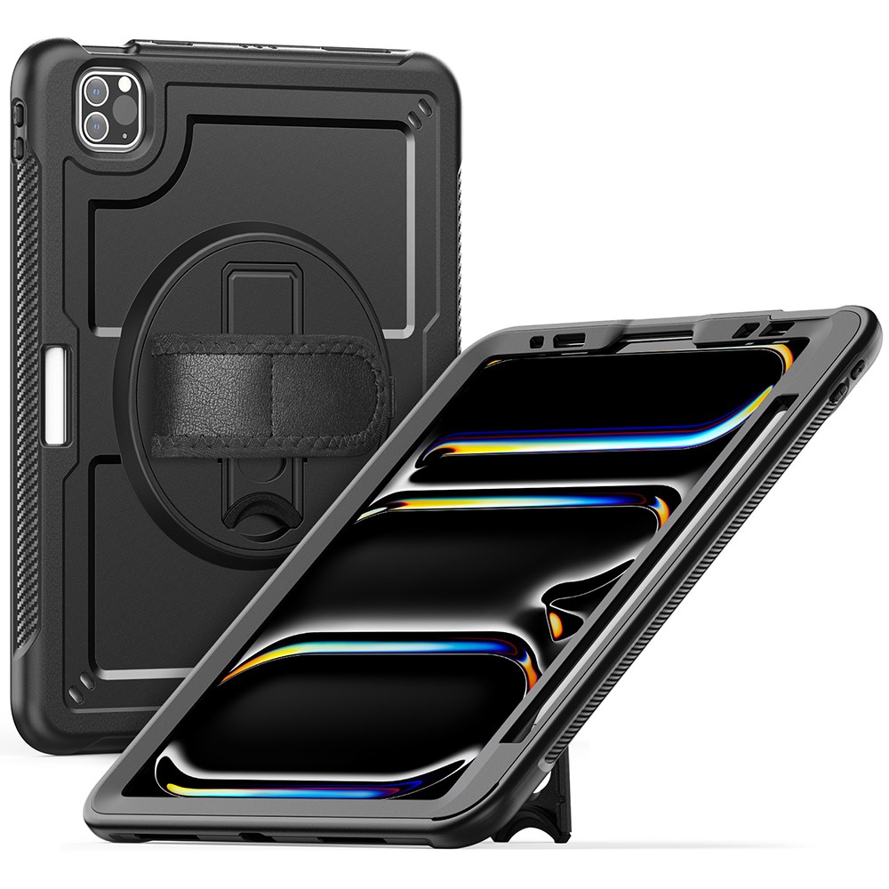 For iPad Pro 11 (2025) / 11 (2024) Case Kickstand PC + TPE Tablet Cover with Hand Strap and Shoulder Strap - Black