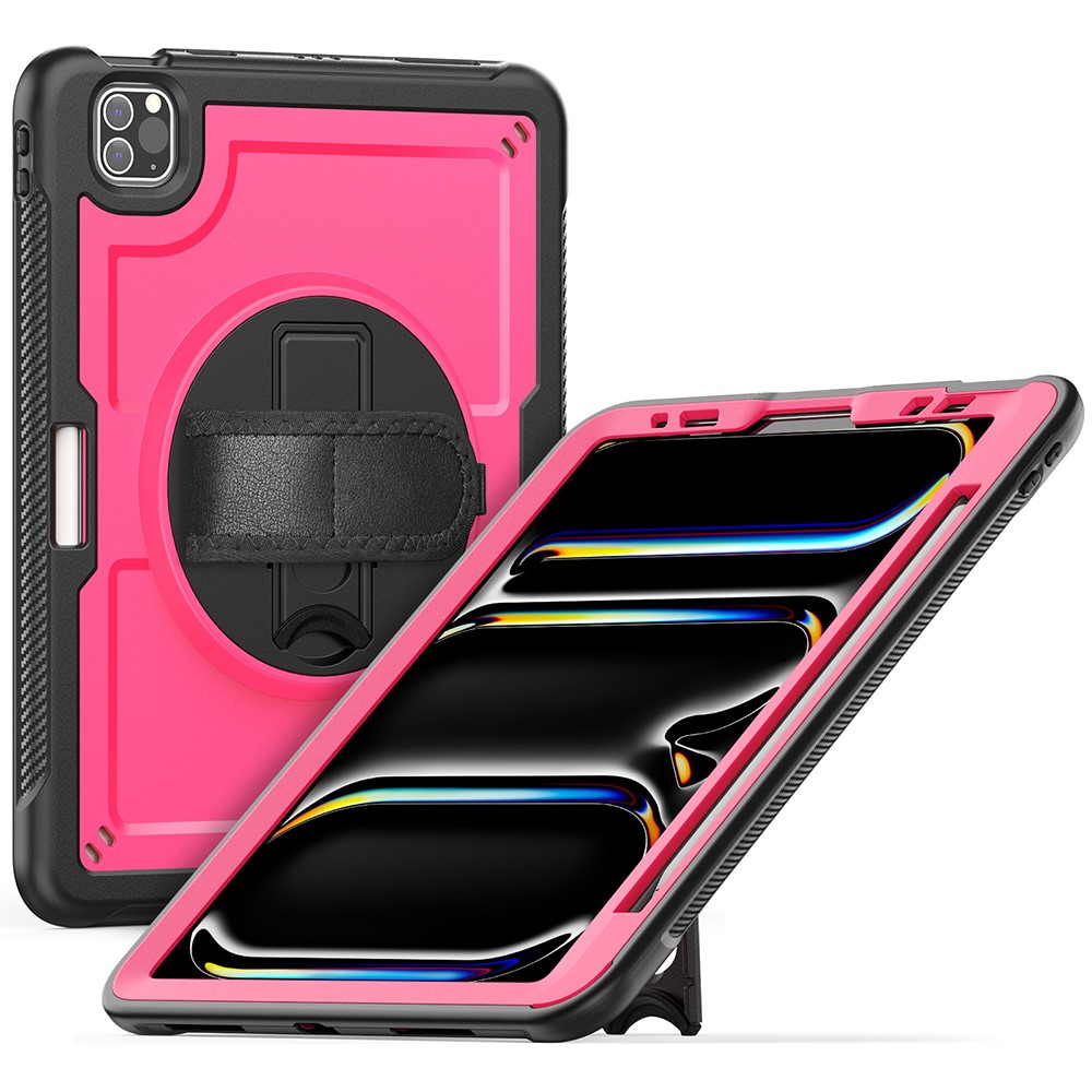 For iPad Pro 11 (2025) / 11 (2024) Case Kickstand PC + TPE Tablet Cover with Hand Strap and Shoulder Strap - Rose