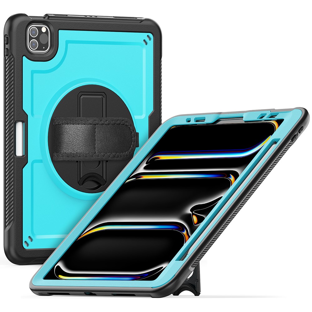 For iPad Pro 11 (2025) / 11 (2024) Case Kickstand PC + TPE Tablet Cover with Hand Strap and Shoulder Strap - Baby Blue