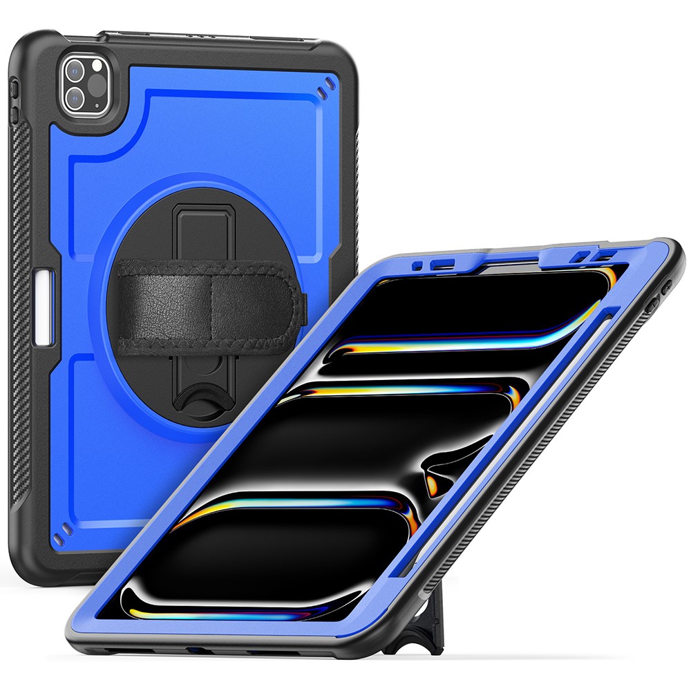 For iPad Pro 11 (2025) / 11 (2024) Case Kickstand PC + TPE Tablet Cover with Hand Strap and Shoulder Strap - Dark Blue