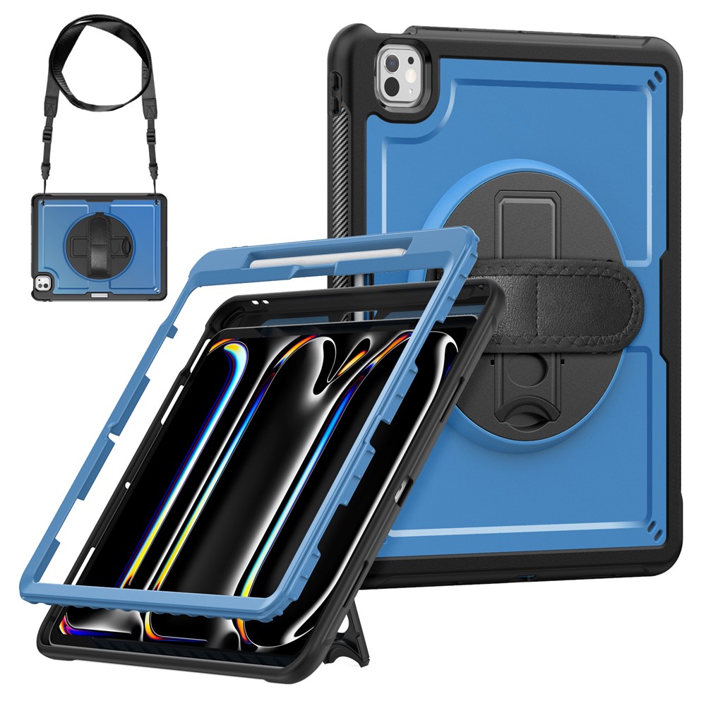 For iPad Pro 13 (2025) / 13 (2024) Case Kickstand PC + TPE Tablet Cover with Hand Strap and Shoulder Strap - Navy Blue