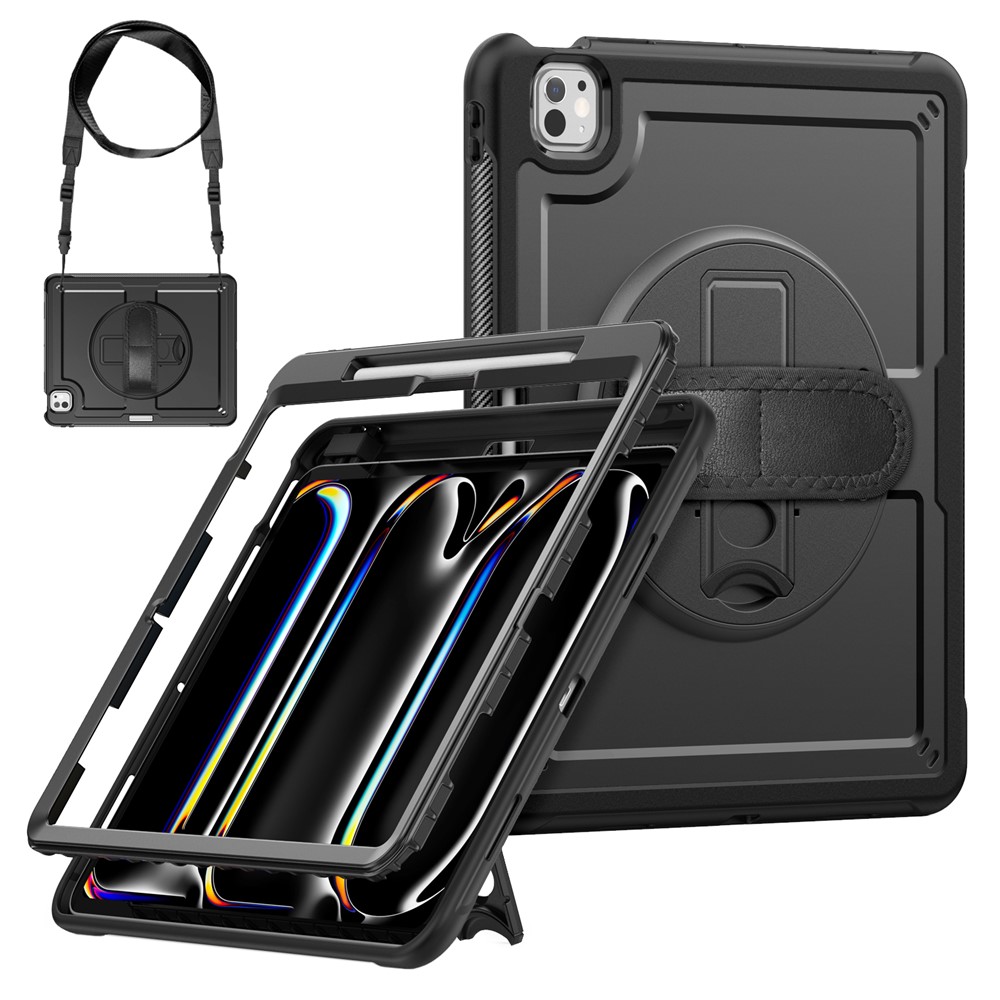 For iPad Pro 13 (2025) / 13 (2024) Case Kickstand PC + TPE Tablet Cover with Hand Strap and Shoulder Strap - Black