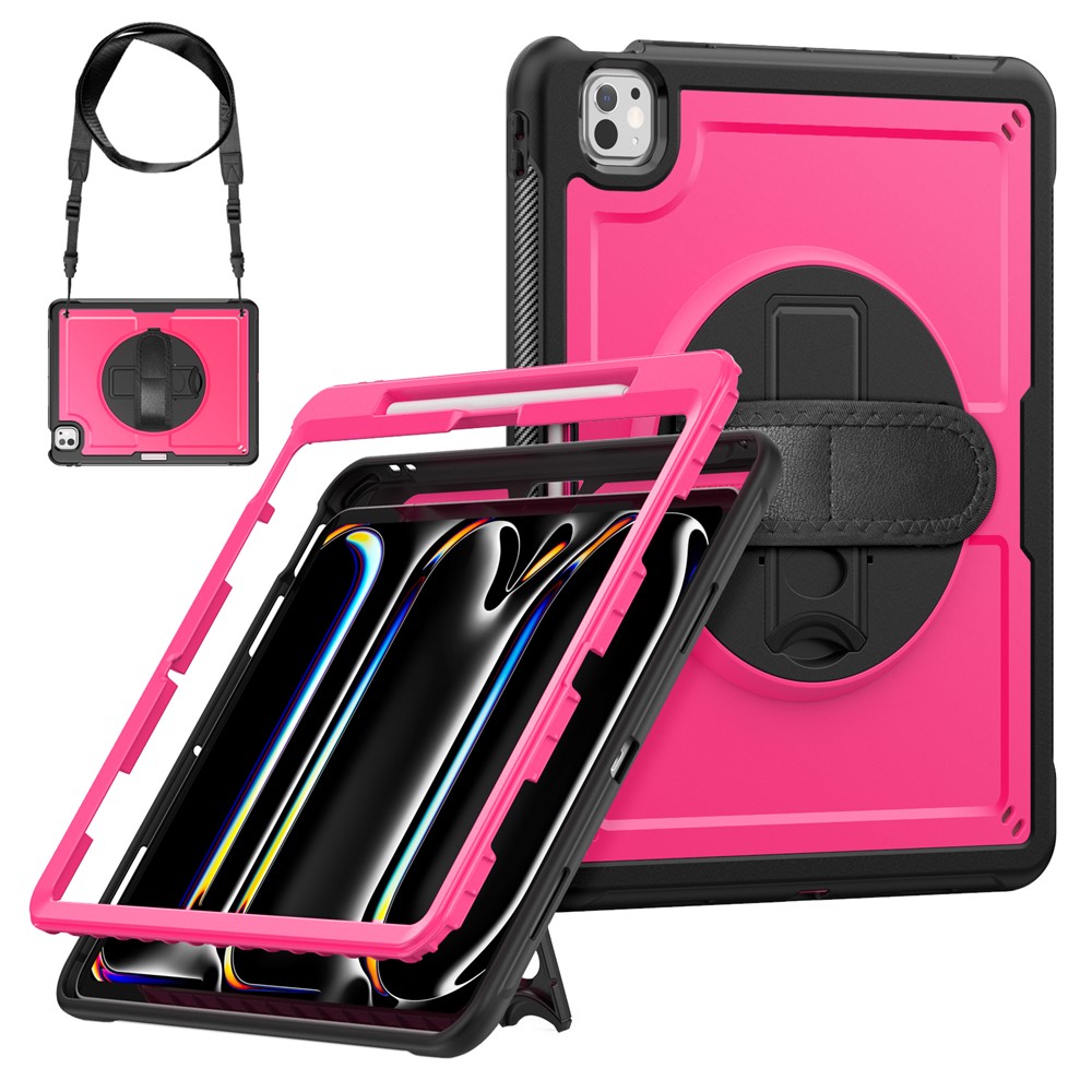 For iPad Pro 13 (2025) / 13 (2024) Case Kickstand PC + TPE Tablet Cover with Hand Strap and Shoulder Strap - Rose