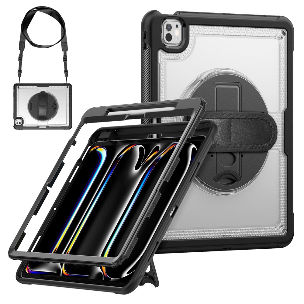 For iPad Pro 13 (2025) / 13 (2024) Case Kickstand PC + TPE Tablet Cover with Hand Strap and Shoulder Strap - Transparent