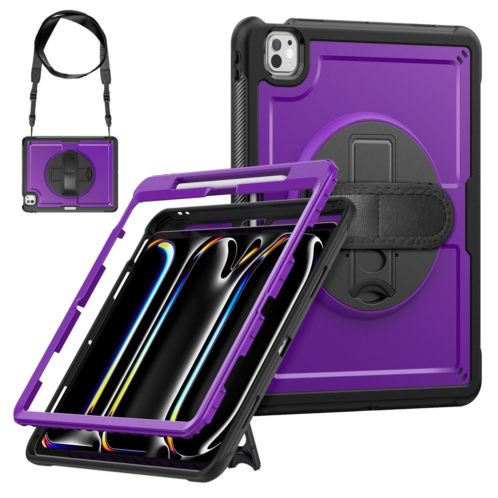For iPad Pro 13 (2025) / 13 (2024) Case Kickstand PC + TPE Tablet Cover with Hand Strap and Shoulder Strap - Purple