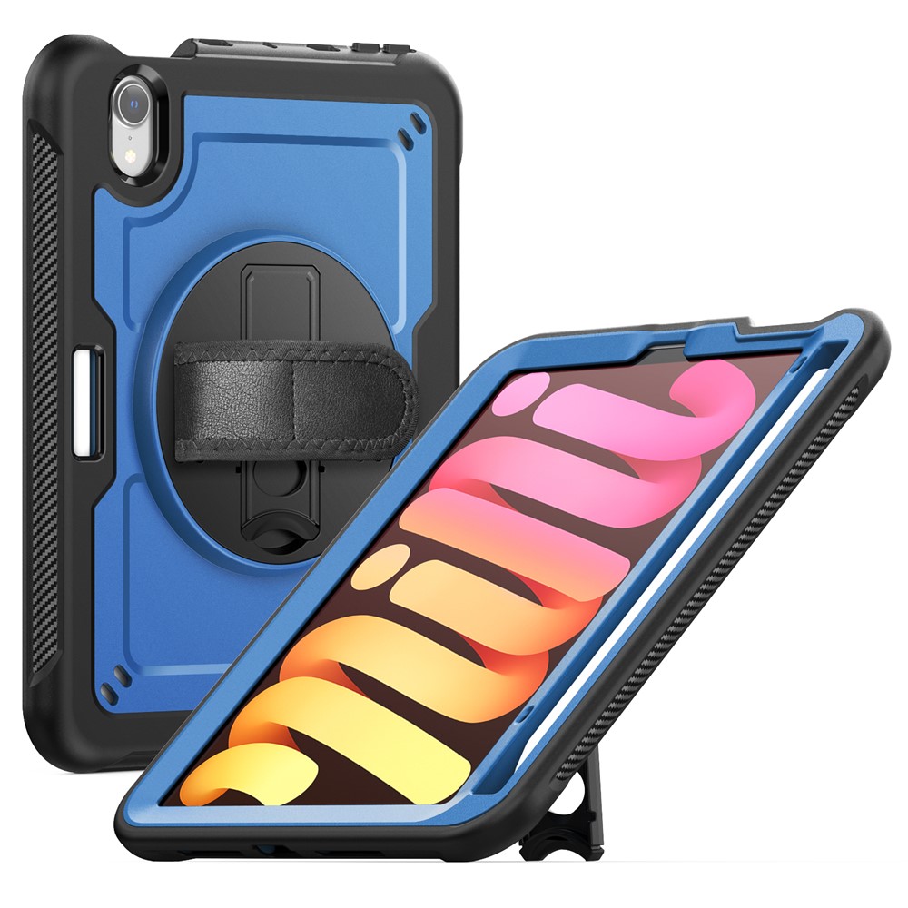 For iPad mini (2024)  /  (2021) Case Kickstand PC TPE Tablet Cover with Hand Strap - Navy Blue