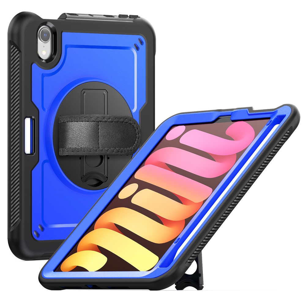 For iPad mini (2024)  /  (2021) Case Kickstand PC TPE Tablet Cover with Hand Strap - Dark Blue