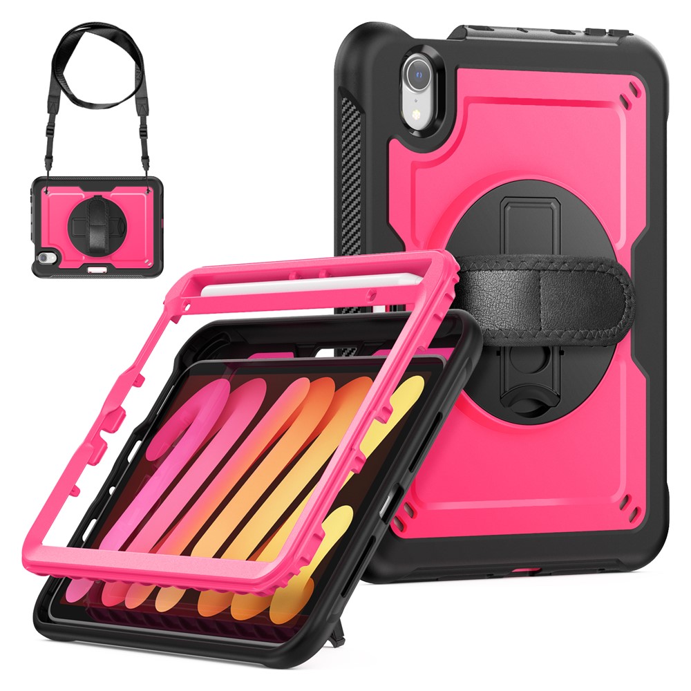 For iPad mini (2024)  /  (2021) Case Kickstand PC + TPE Tablet Cover with Hand Strap and Shoulder Strap - Rose