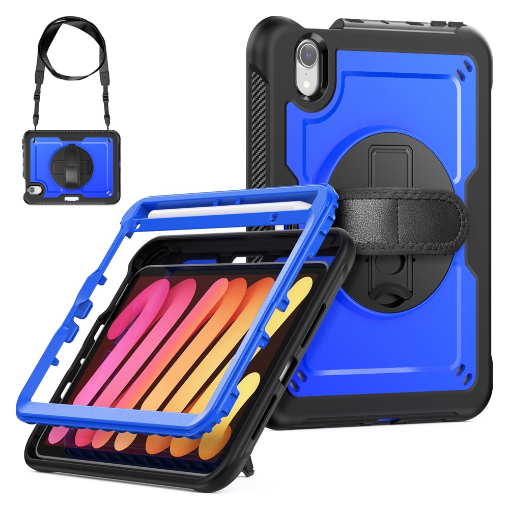 For iPad mini (2024)  /  (2021) Case Kickstand PC + TPE Tablet Cover with Hand Strap and Shoulder Strap - Dark Blue