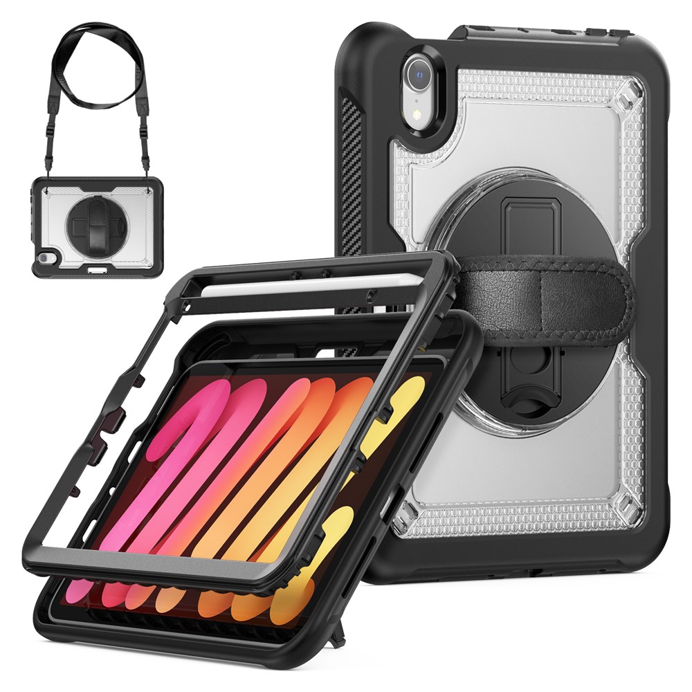 For iPad mini (2024)  /  (2021) Case Kickstand PC + TPE Tablet Cover with Hand Strap and Shoulder Strap - Transparent