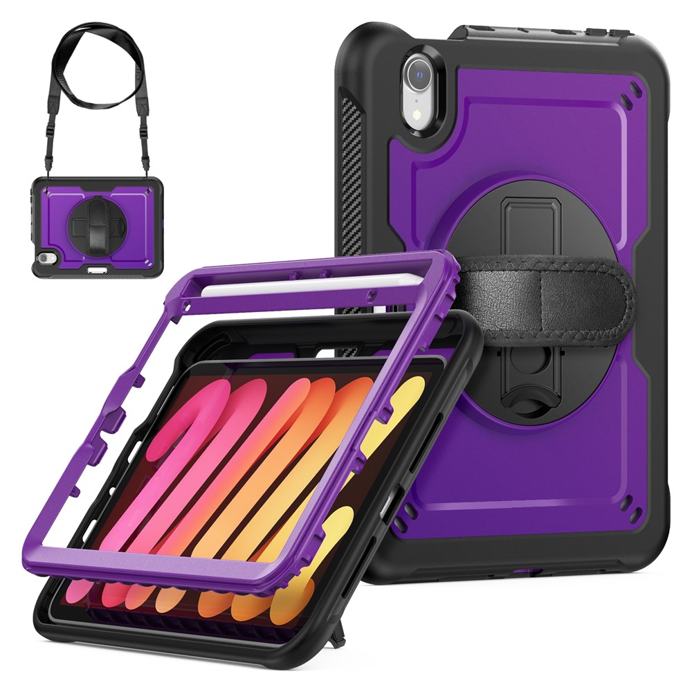 For iPad mini (2024)  /  (2021) Case Kickstand PC + TPE Tablet Cover with Hand Strap and Shoulder Strap - Purple