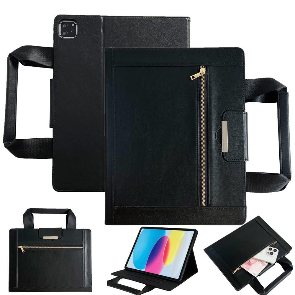 Tablet Case for iPad Air 11 (2025) / (2024) / Pro 11 (2022) / Air (2022) / (2020) Auto Wake / Sleep Leather Cover with Handle / Zipper Pouch - Black