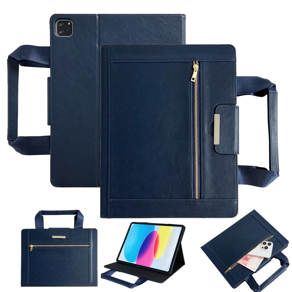 Tablet Case for iPad Air 11 (2025) / (2024) / Pro 11 (2022) / Air (2022) / (2020) Auto Wake / Sleep Leather Cover with Handle / Zipper Pouch - Sapphire