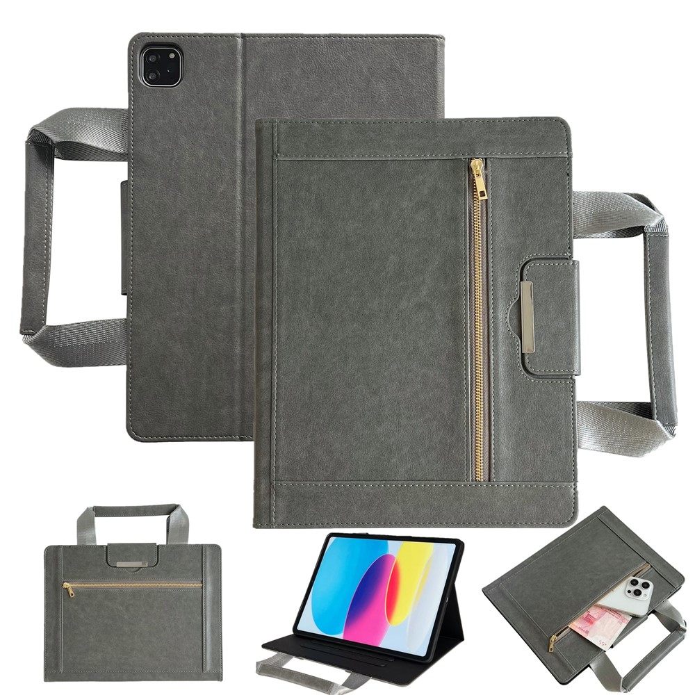 Tablet Case for iPad Air 11 (2025) / (2024) / Pro 11 (2022) / Air (2022) / (2020) Auto Wake / Sleep Leather Cover with Handle / Zipper Pouch - Grey