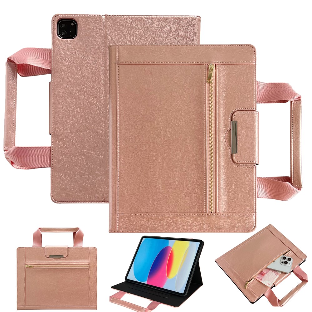 Tablet Case for iPad Air 11 (2025) / (2024) / Pro 11 (2022) / Air (2022) / (2020) Auto Wake / Sleep Leather Cover with Handle / Zipper Pouch - Rose Gold