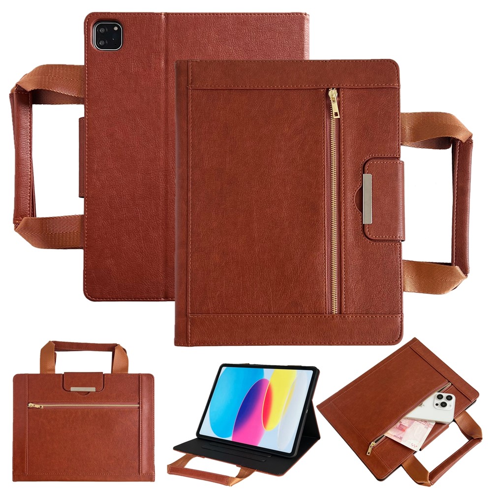 Tablet Case for iPad Air 11 (2025) / (2024) / Pro 11 (2022) / Air (2022) / (2020) Auto Wake / Sleep Leather Cover with Handle / Zipper Pouch - Brown