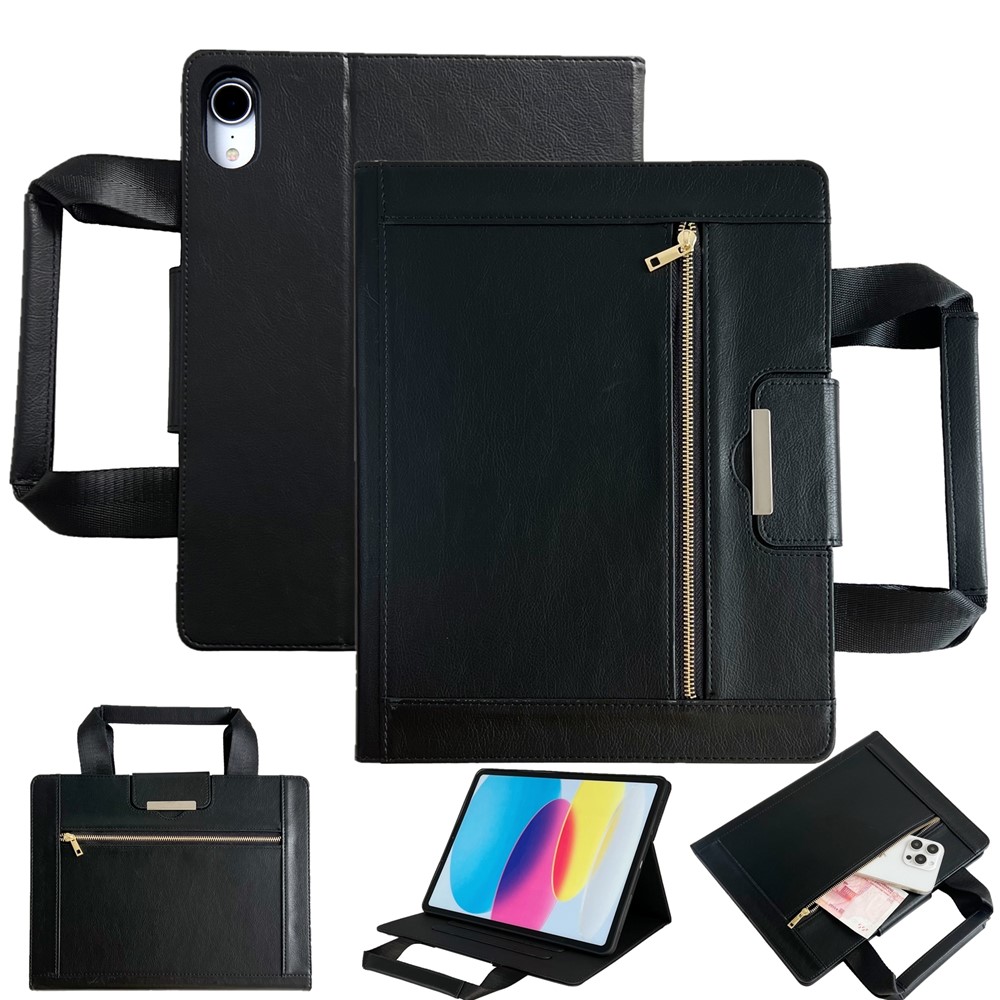 Tablet Case for iPad 10.9 (2022) / iPad (2025) Auto Wake / Sleep Leather Cover with Handle / Zipper Pouch - Black