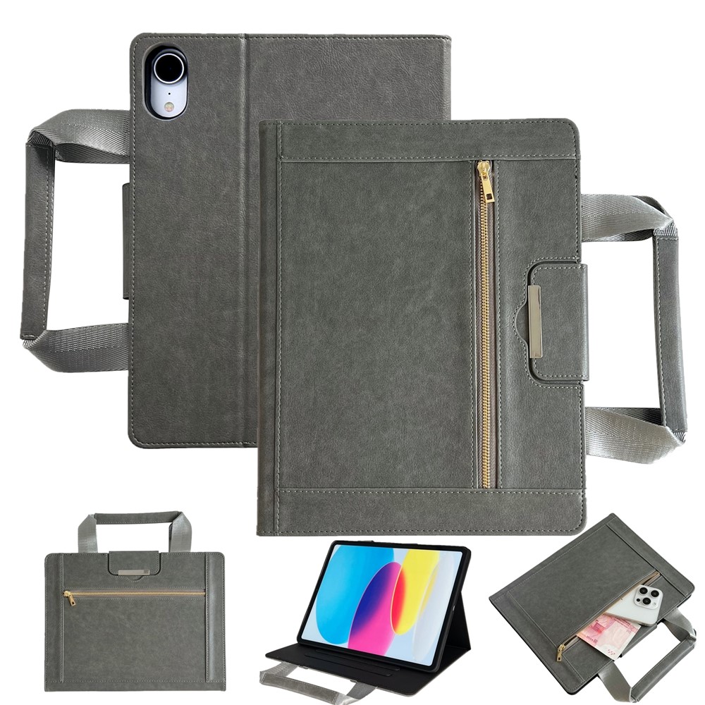 Tablet Case for iPad 10.9 (2022) / iPad (2025) Auto Wake / Sleep Leather Cover with Handle / Zipper Pouch - Grey