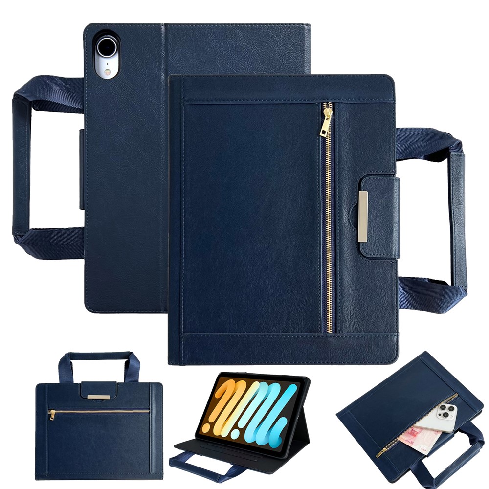 Tablet Case for iPad mini (2024) / (2021) Auto Wake / Sleep Leather Cover with Handle / Zipper Pouch - Sapphire