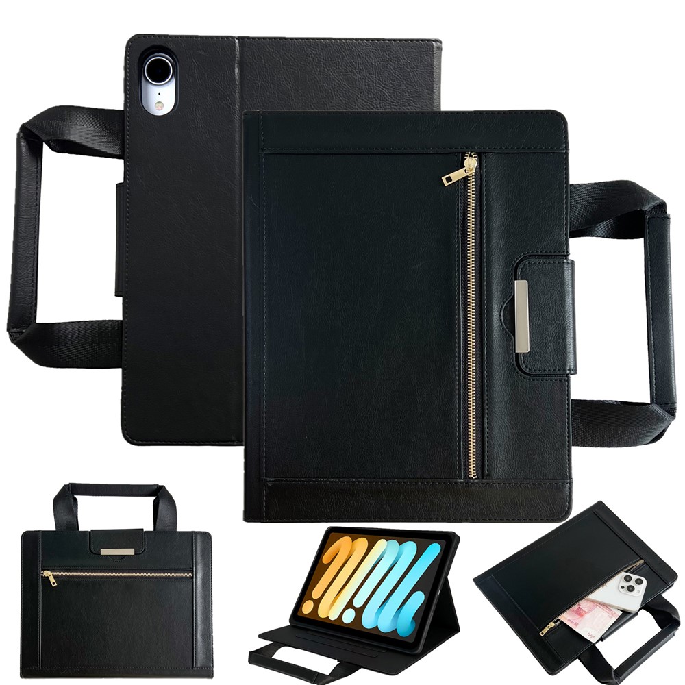 Tablet Case for iPad mini (2024) / (2021) Auto Wake / Sleep Leather Cover with Handle / Zipper Pouch - Black