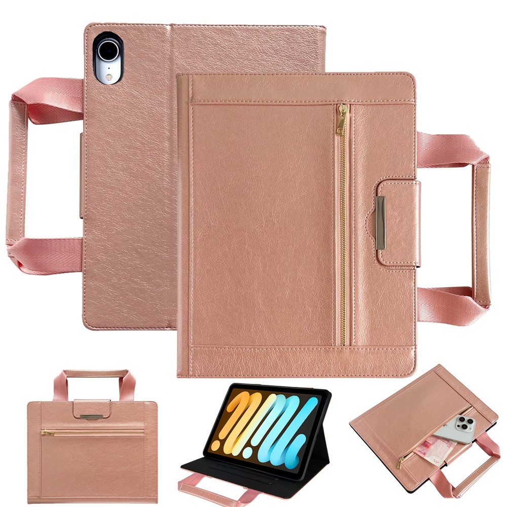 Tablet Case for iPad mini (2024) / (2021) Auto Wake / Sleep Leather Cover with Handle / Zipper Pouch - Rose Gold