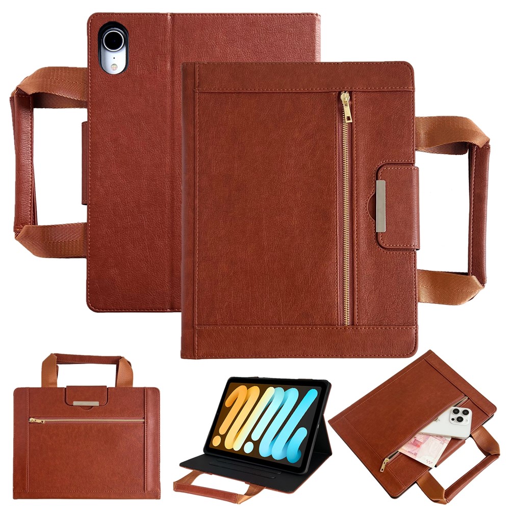 Tablet Case for iPad mini (2024) / (2021) Auto Wake / Sleep Leather Cover with Handle / Zipper Pouch - Brown