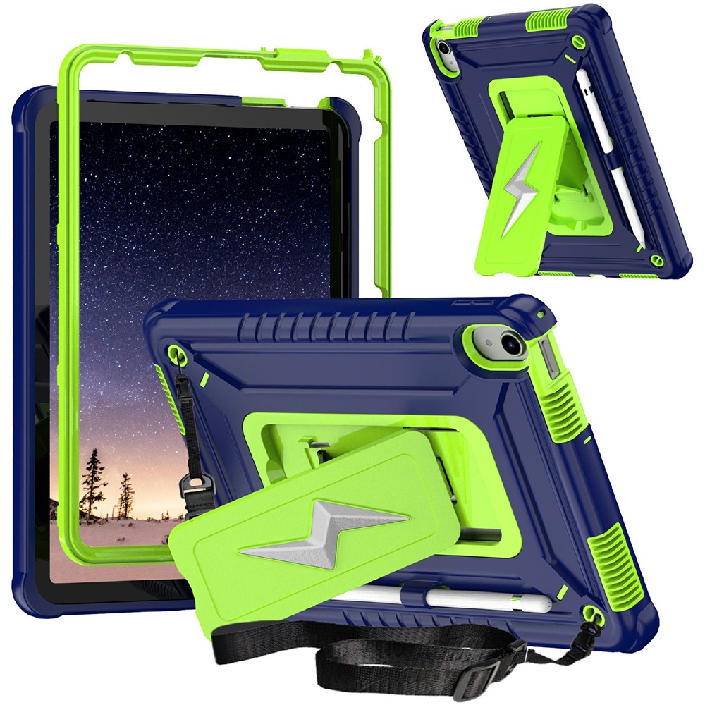 For iPad (2025) / 10.9 (2022) Case Kickstand PC + Silicone Tablet Cover with Shoulder Strap - Navy Blue + Yellowgreen