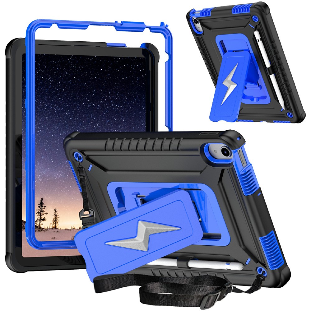 For iPad (2025) / 10.9 (2022) Case Kickstand PC + Silicone Tablet Cover with Shoulder Strap - Black + Blue