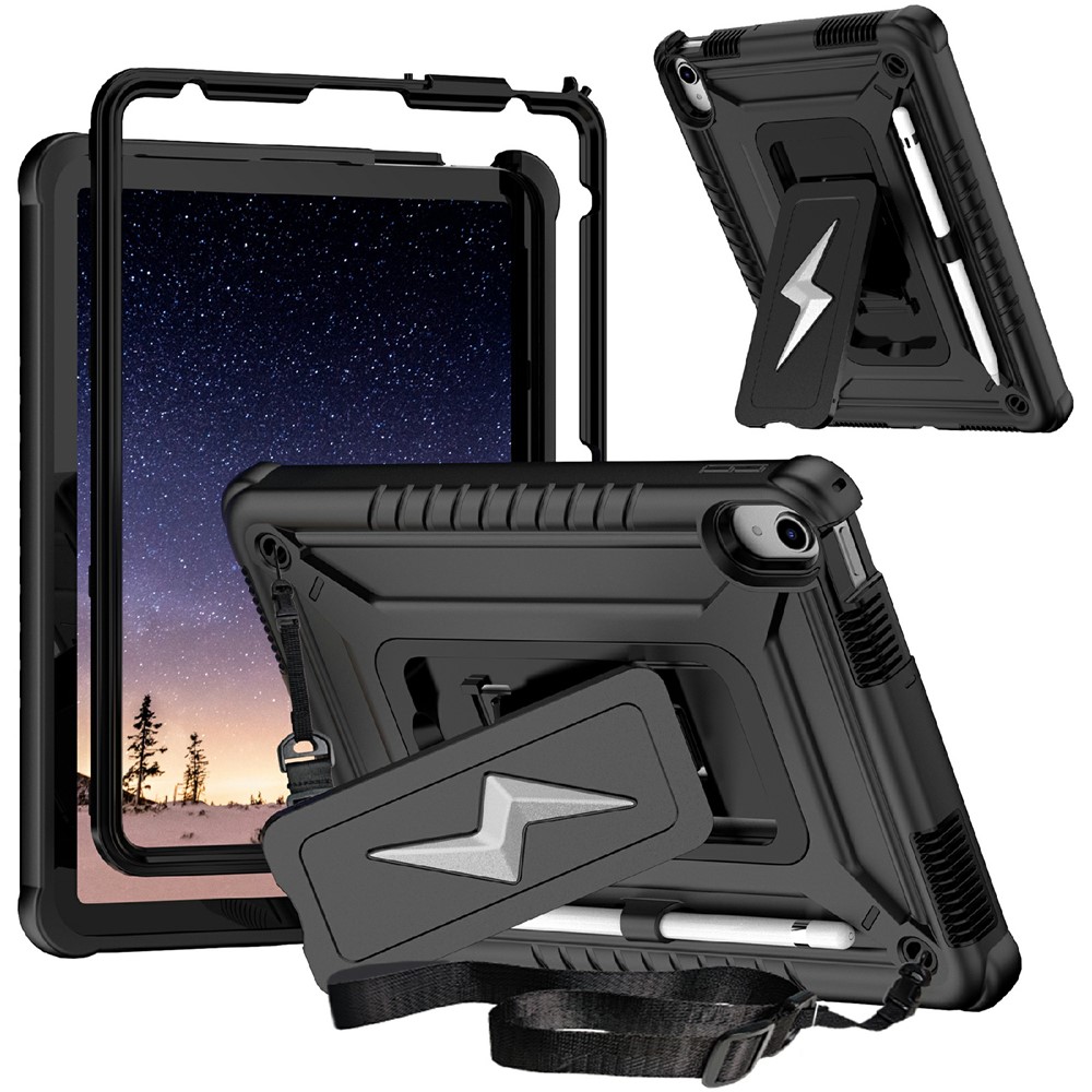 For iPad (2025) / 10.9 (2022) Case Kickstand PC + Silicone Tablet Cover with Shoulder Strap - Black