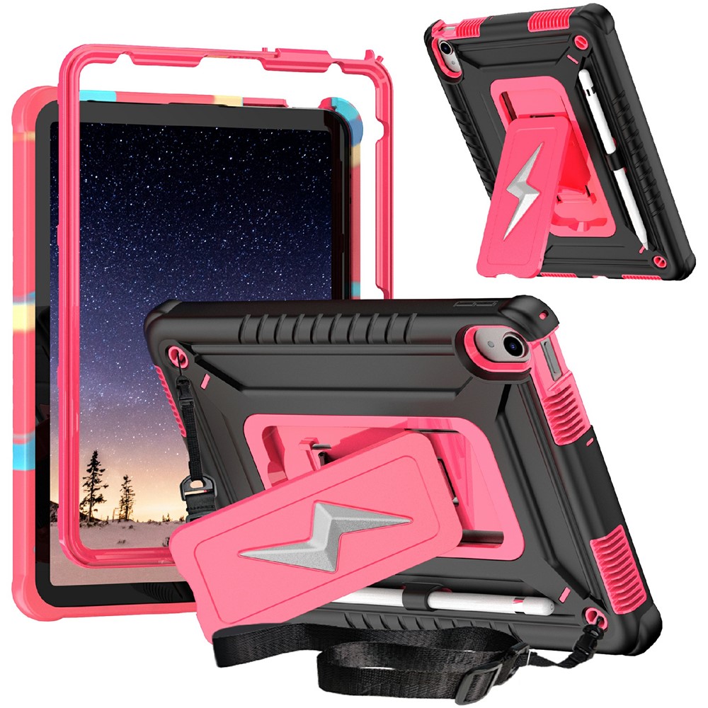 For iPad (2025) / 10.9 (2022) Case Kickstand PC + Silicone Tablet Cover with Shoulder Strap - Black + Rose