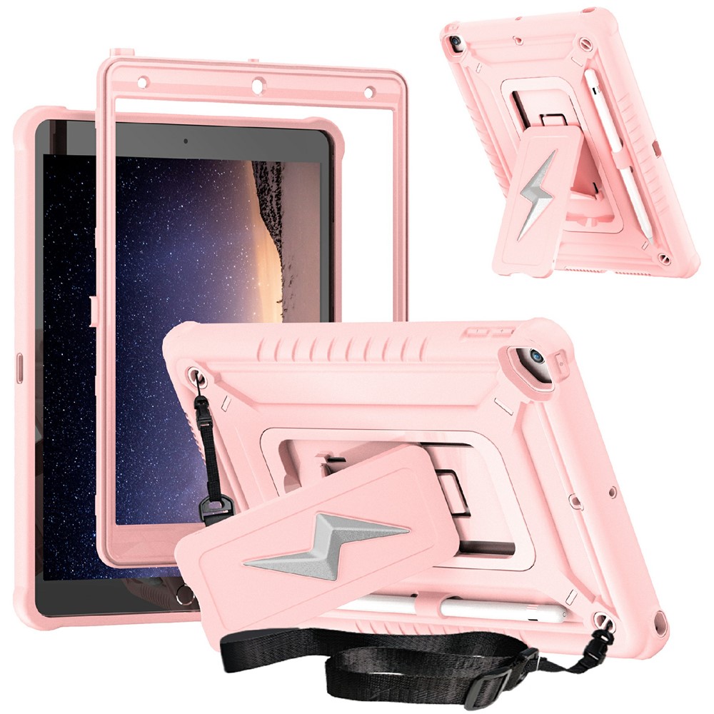 Tablet Case For iPad 10.2 (2021) / (2020) / (2019) / Pro 10.5-inch (2017) Kickstand PC + Silicone Cover with Shoulder Strap - Rose Gold