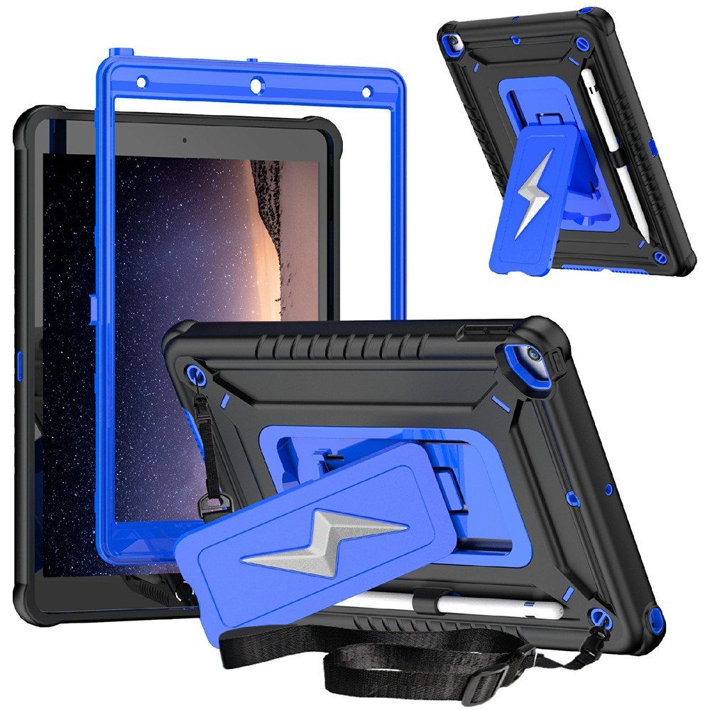 Tablet Case For iPad 10.2 (2021) / (2020) / (2019) / Pro 10.5-inch (2017) Kickstand PC + Silicone Cover with Shoulder Strap - Black + Blue